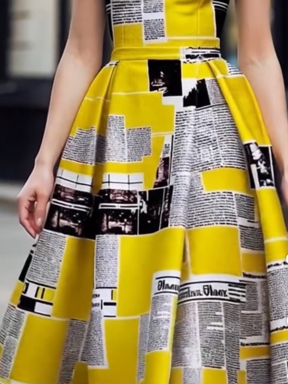 .Yellow Black White Newspaper Print Dress - Picture 9 of 11